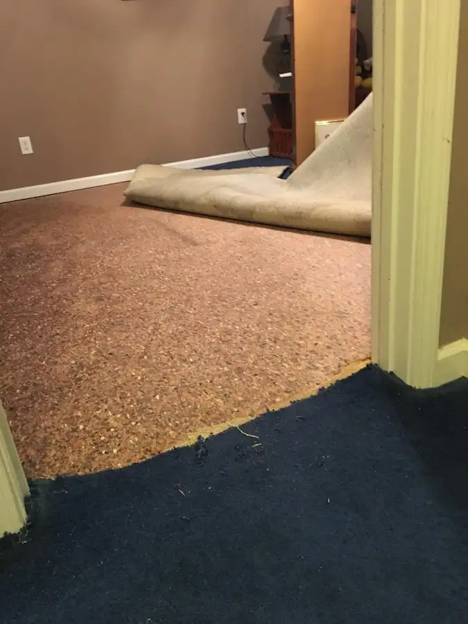 Carpet pad removal revealing water damage during Water Mitigation Services in Kyle